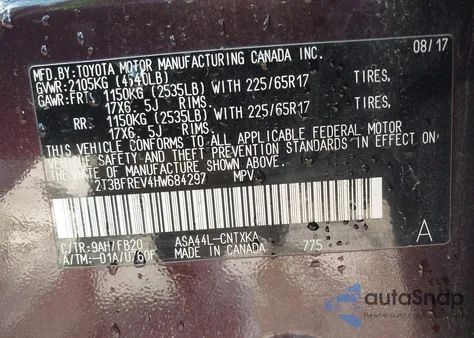 2017 Toyota Rav4 Le z USA, uszkodzony, nr VIN 2T3BFREV4HW684297